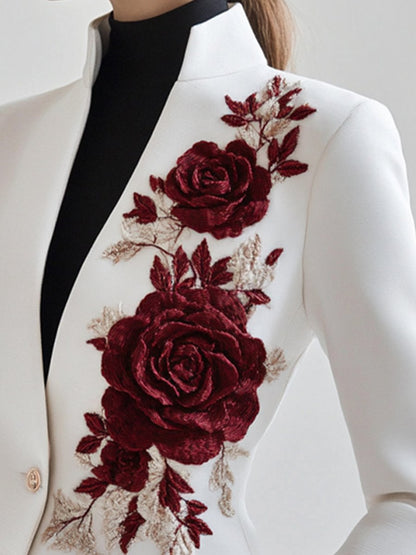 Chic White Blazer With Red Rose Embroidery - Elegant Ladies Jacket