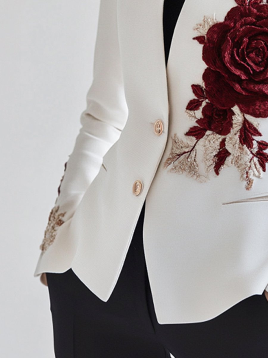 Chic White Blazer With Red Rose Embroidery - Elegant Ladies Jacket