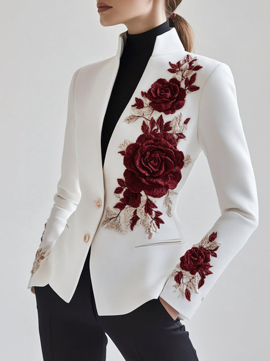 Chic White Blazer With Red Rose Embroidery - Elegant Ladies Jacket