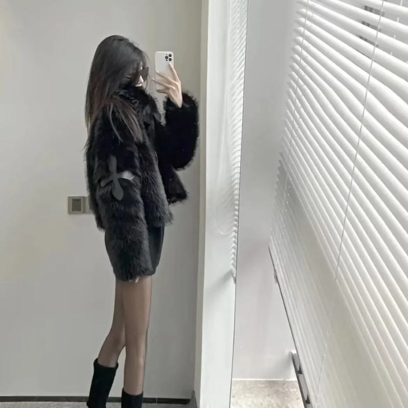 Cropped faux fur jacket - ladies plush patchwork coat