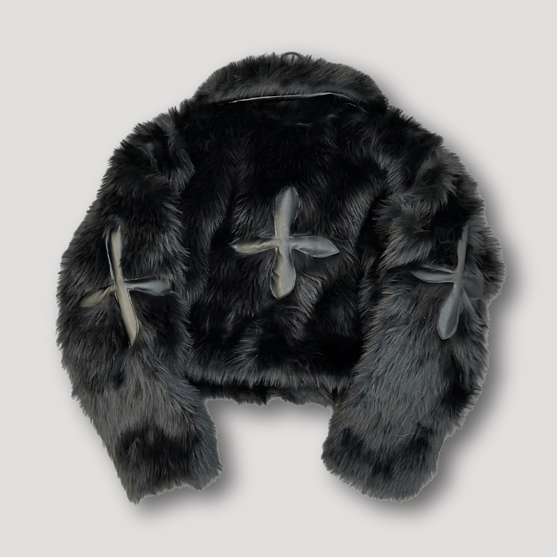 Cropped faux fur jacket - ladies plush patchwork coat