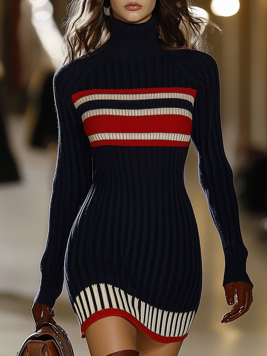 Dark Blue Striped Dress - Elegant High Collar Ladies Knitwear