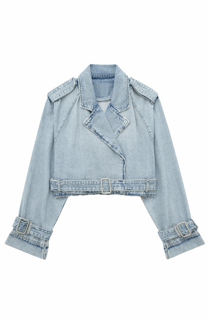 Denim Biker Jacket - Blue Ladies Denim Coat In A Modern Cropped Style