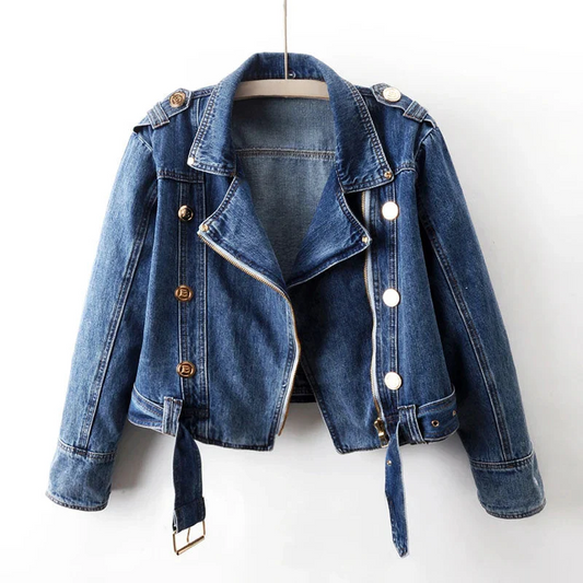 Denim Jacket - Chic Ladies Cropped Biker Jacket