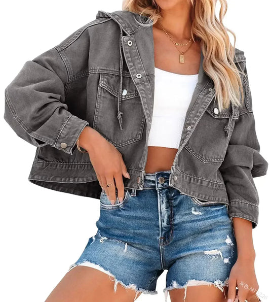 Denim Jacket - Chic Ladies Cropped Jacket With Hood