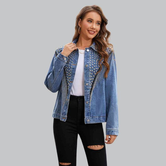 Denim Jacket - Embellished Blue Jacket With Pearls For Ladies