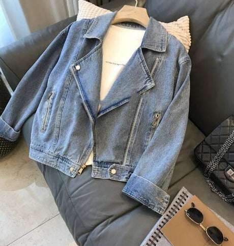 Denim Jacket - Trendy Blue Ladies Cropped Biker Jacket