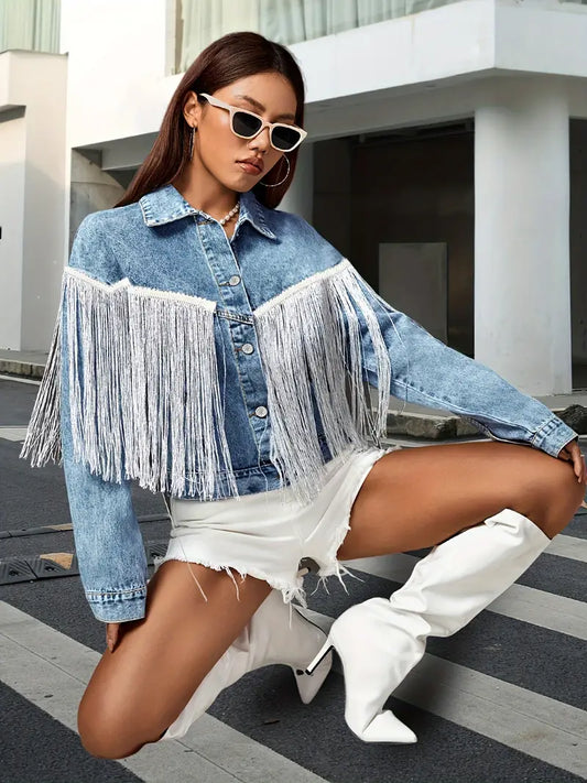 Denim Jacket - Trendy Blue Ladies Jacket With Fringe Detail