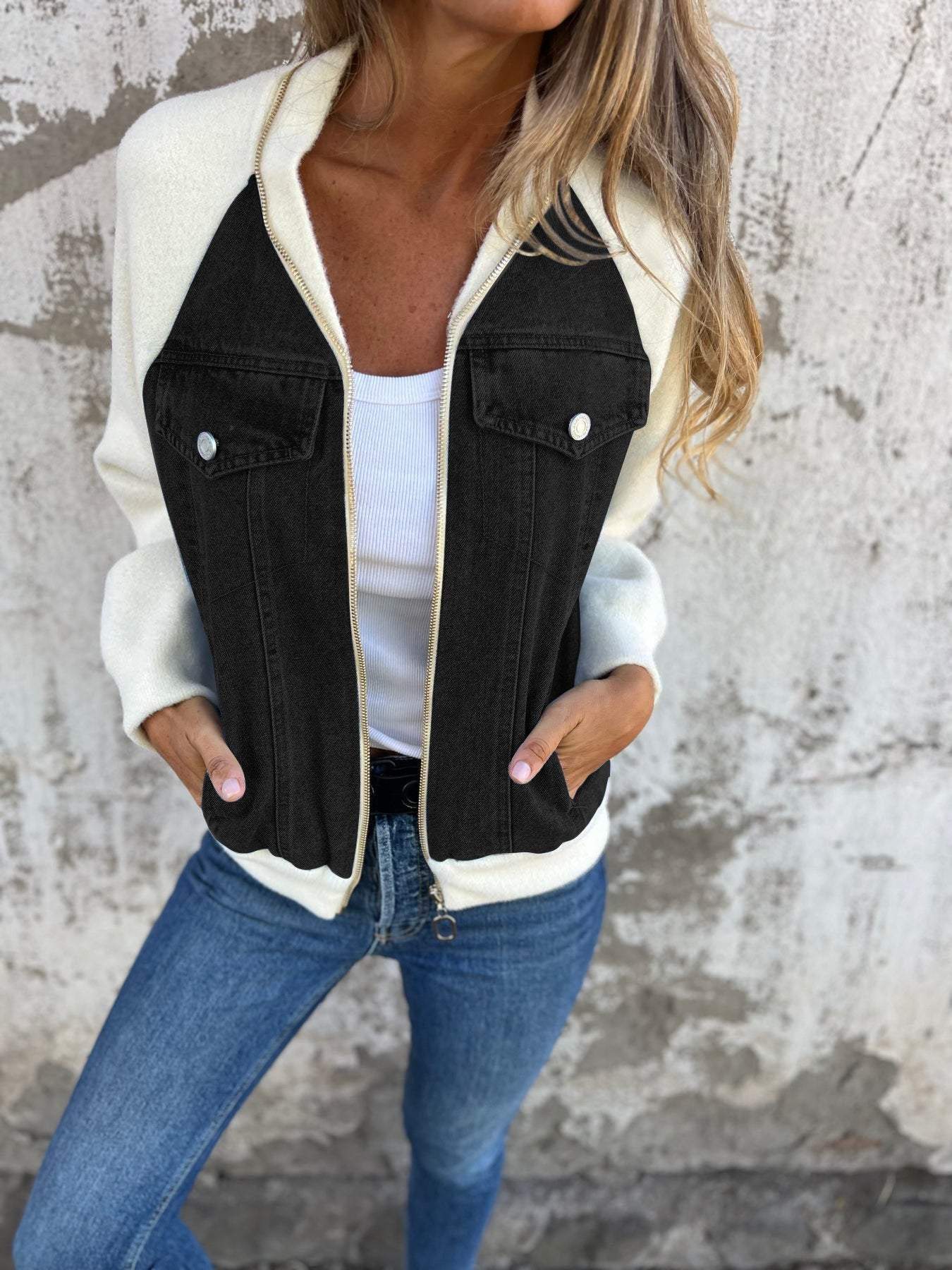Denim Jacket - Trendy Ladies Zip-Up Jacket With Unique Design