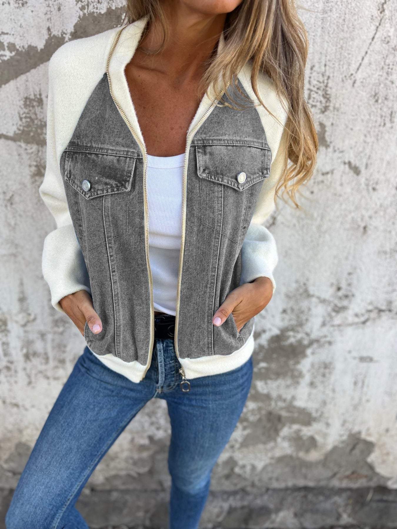 Denim Jacket - Trendy Ladies Zip-Up Jacket With Unique Design