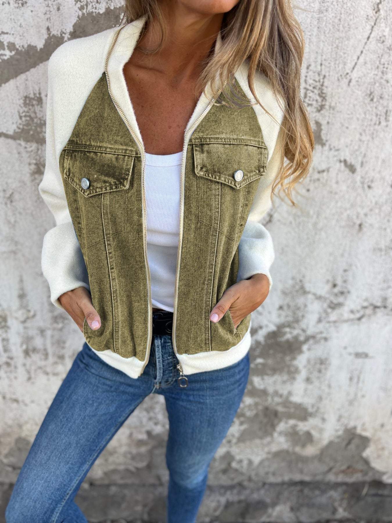 Denim Jacket - Trendy Ladies Zip-Up Jacket With Unique Design