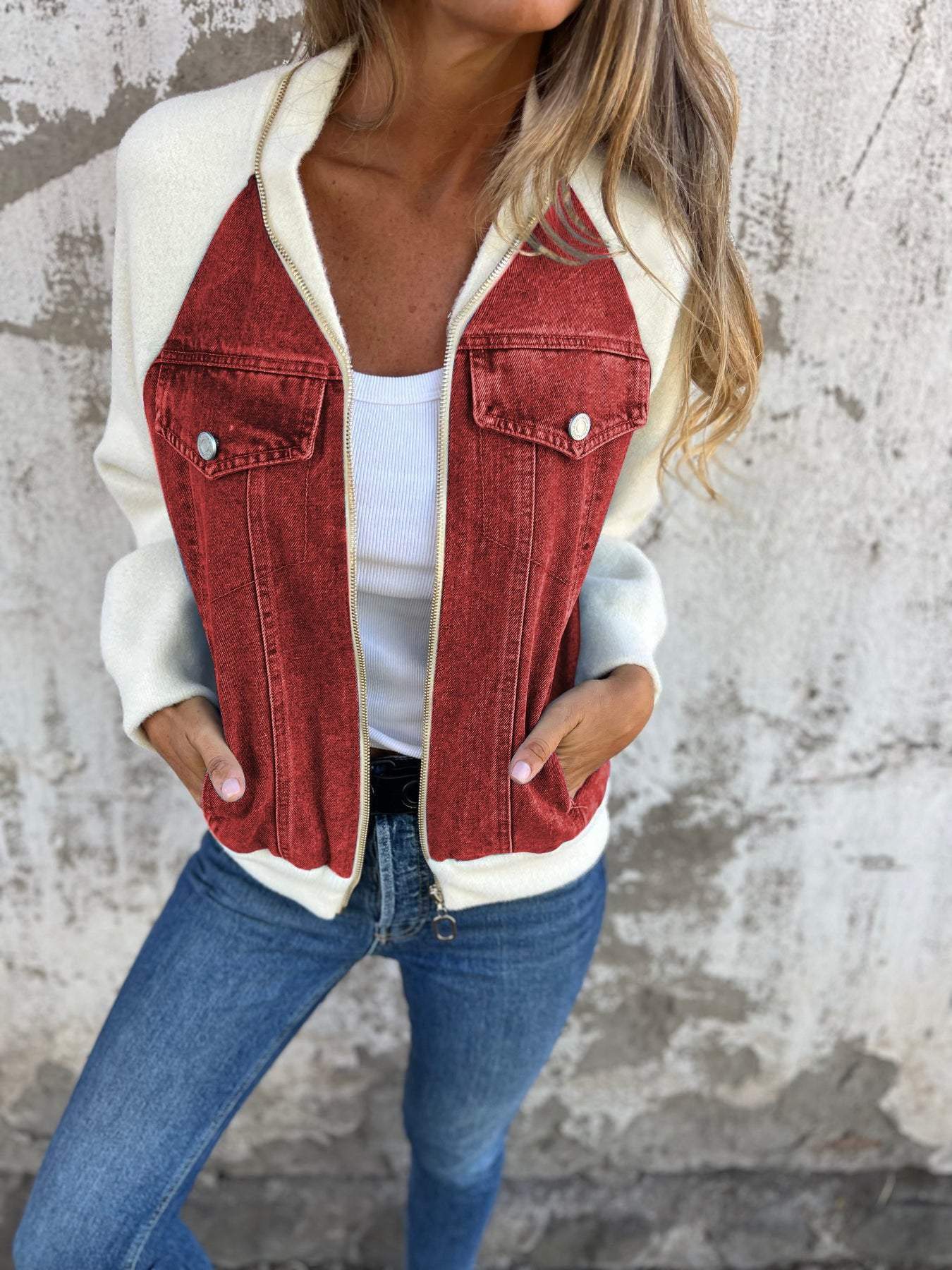 Denim Jacket - Trendy Ladies Zip-Up Jacket With Unique Design