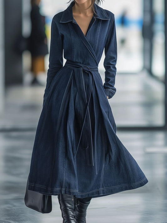 Denim Midi Dress - Stylish Dark Blue Belted Coat Dress For Ladies