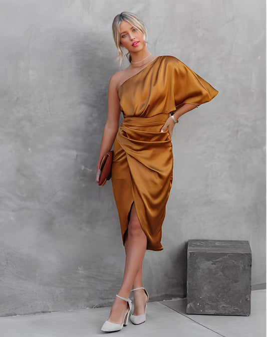 Elegant One-Shoulder Satin Dress - Luxurious Ladies Evening Wear