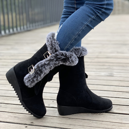 Faux Fur Cuffed Wedge Boots - Ladies' Stylish Winter Footwear
