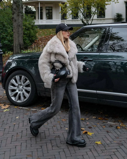 Faux fur jacket - luxurious brown ladies outerwear
