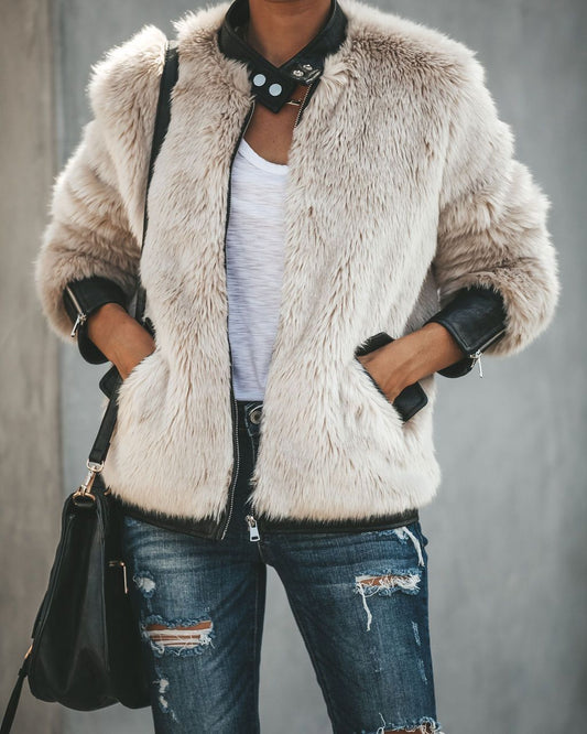 Faux fur jacket - stylish beige ladies winter coat
