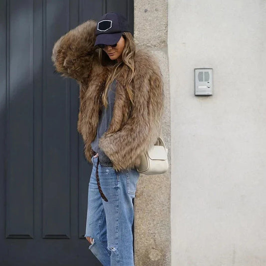 Faux fur jacket - stylish ladies brown plush coat