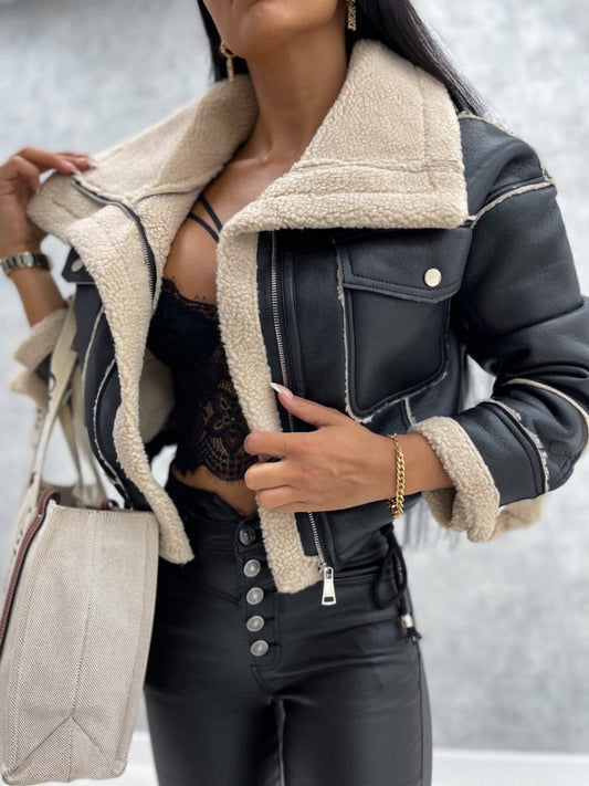 Faux leather biker jacket - stylish ladies winter outerwear