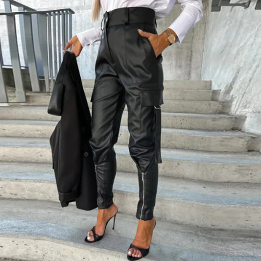 Faux leather cargo trousers - stylish black ladies trousers