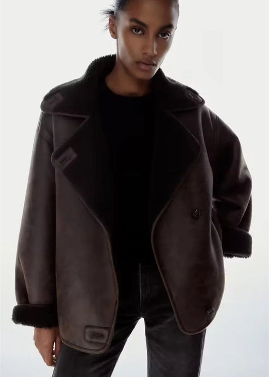 Faux leather jacket - stylish dark coffee ladies coat