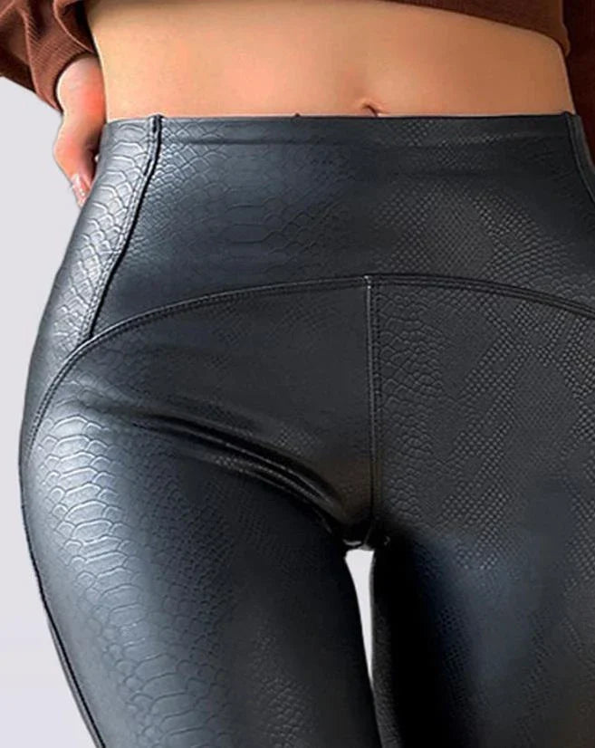 Faux Leather Leggings - High-Waisted Black Trousers For Ladies