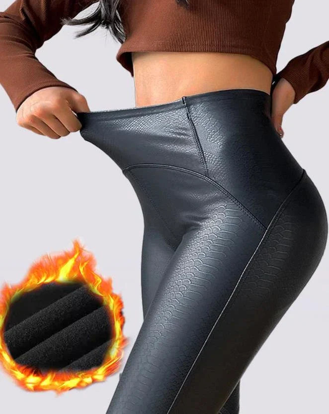 Faux Leather Leggings - High-Waisted Black Trousers For Ladies