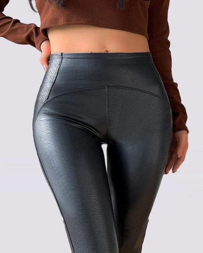 Faux Leather Leggings - High-Waisted Black Trousers For Ladies