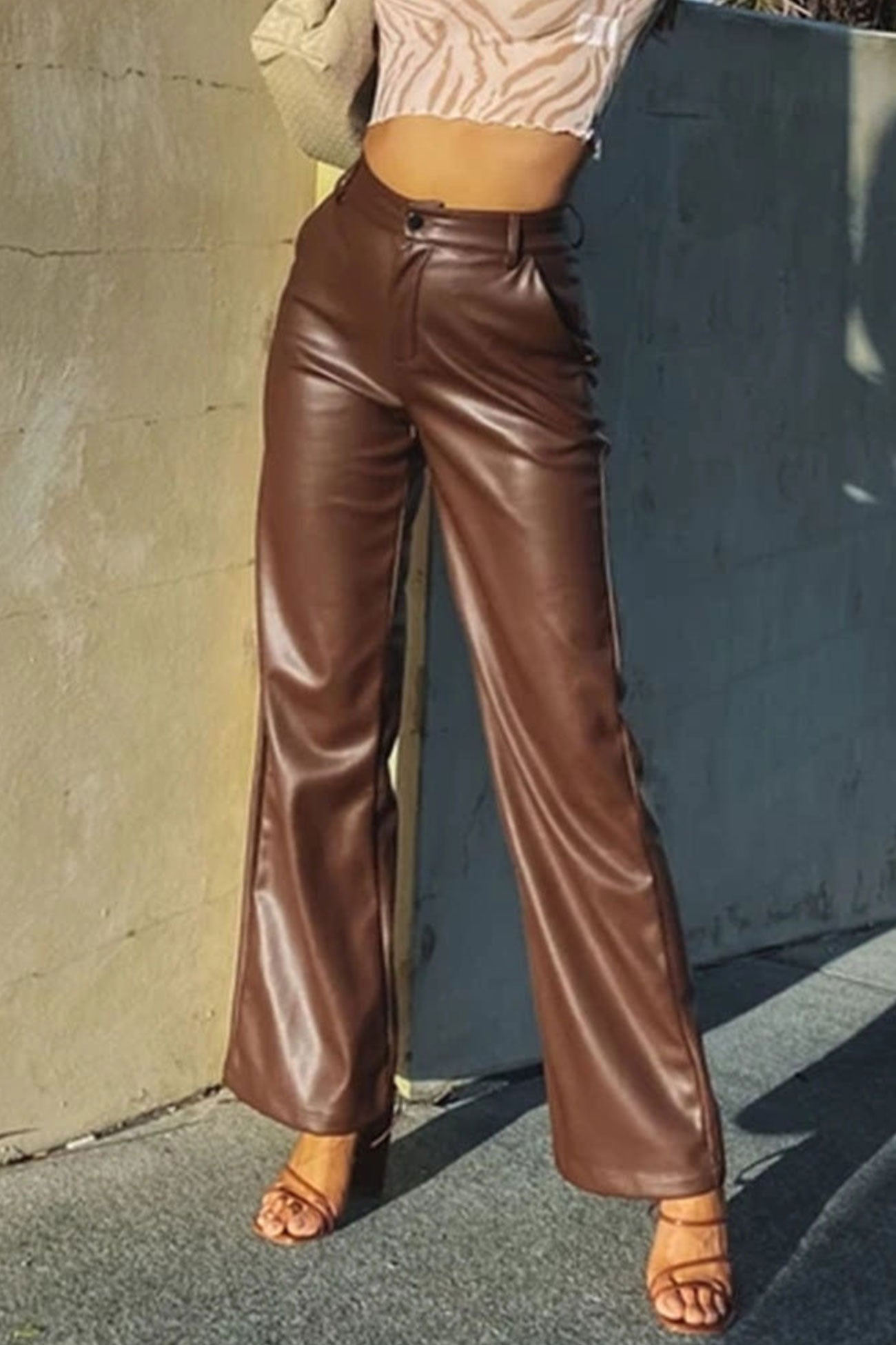 Faux Leather Trousers - High-Waisted Wide-Leg Ladies Pants