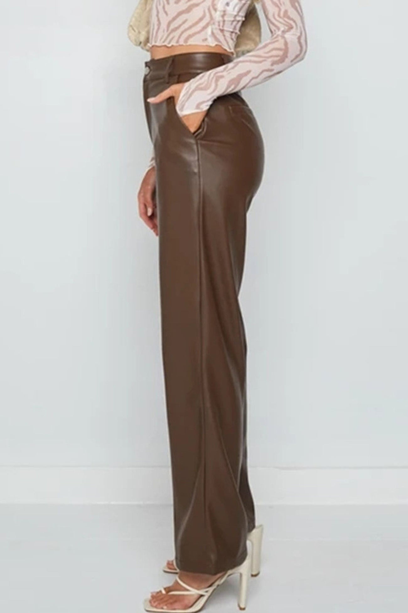 Faux Leather Trousers - High-Waisted Wide-Leg Ladies Pants