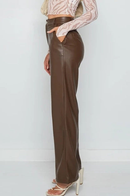 Faux Leather Trousers - High-Waisted Wide-Leg Ladies Pants