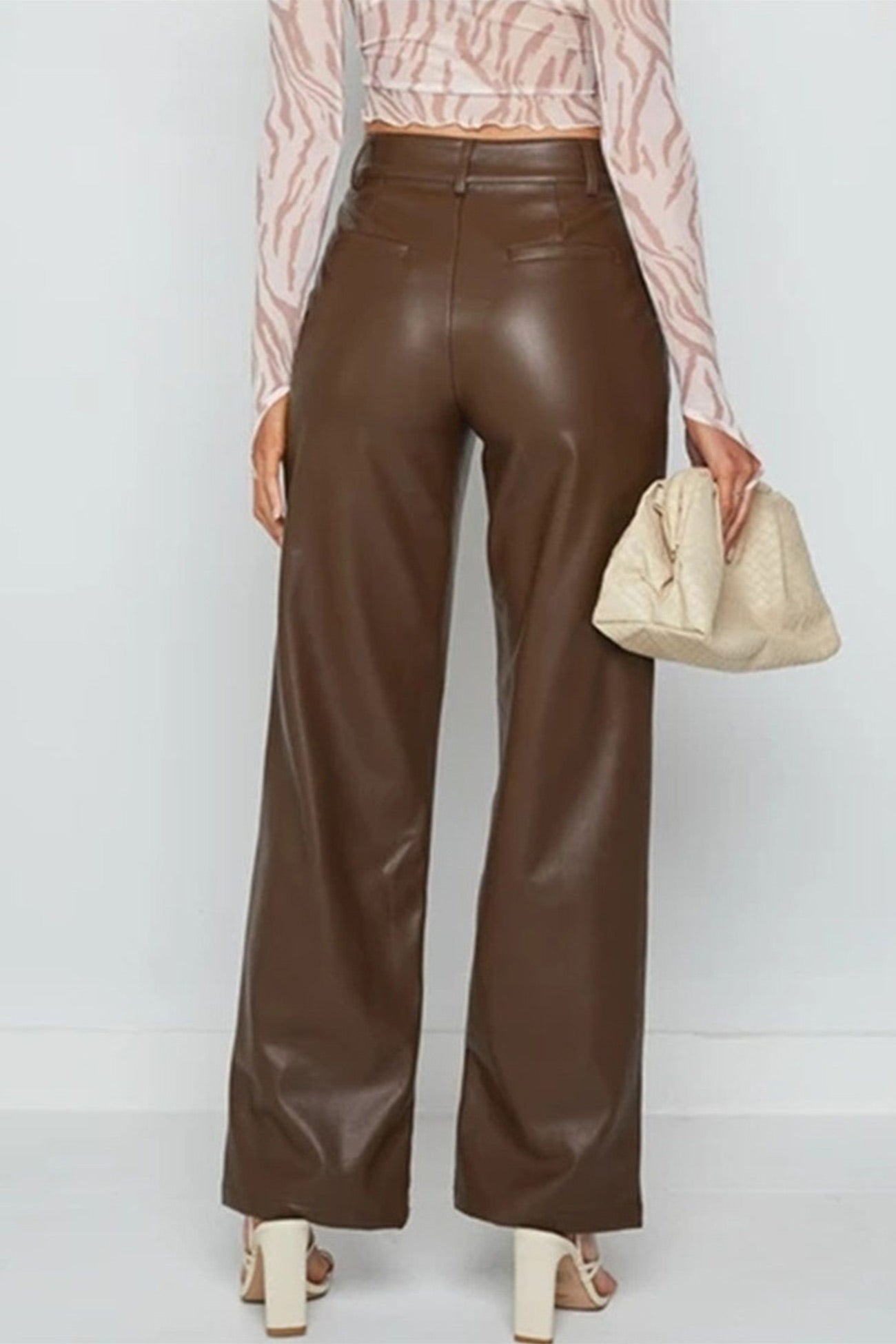 Faux Leather Trousers - High-Waisted Wide-Leg Ladies Pants