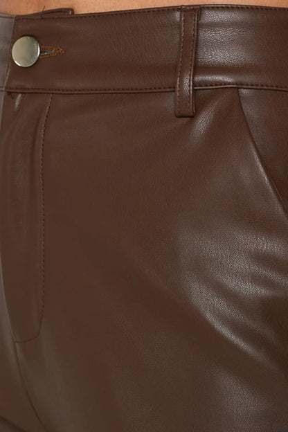 Faux Leather Trousers - High-Waisted Wide-Leg Ladies Pants
