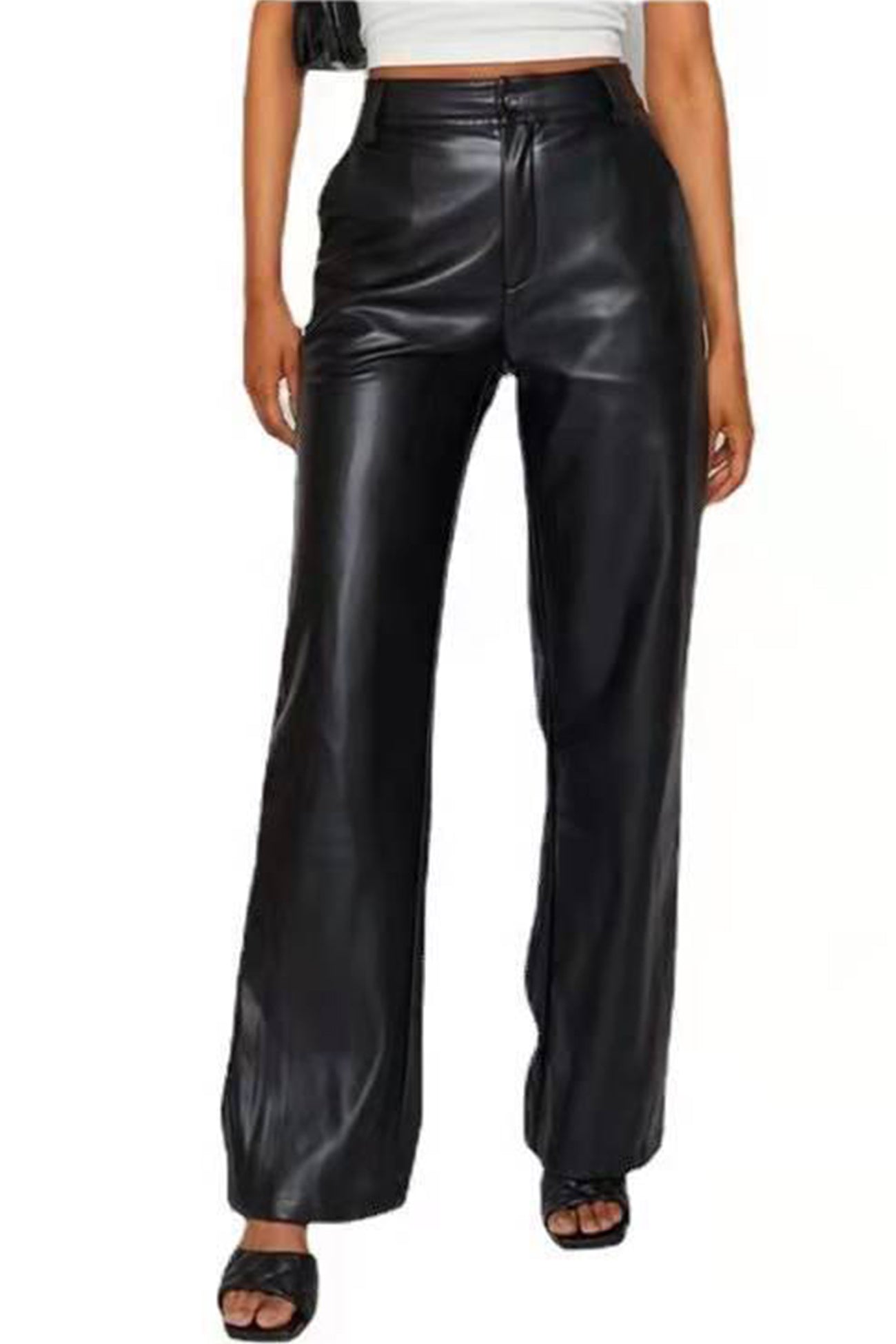 Faux Leather Trousers - High-Waisted Wide-Leg Ladies Pants