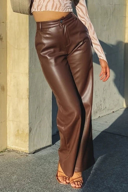 Faux Leather Trousers - High-Waisted Wide-Leg Ladies Pants