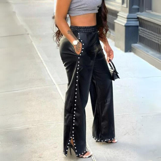 Faux Leather Trousers - Stylish Black Ladies Trousers With Pearl Detailing