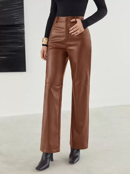 Faux Leather Trousers - Tailored Brown Ladies Wide-Leg Trousers
