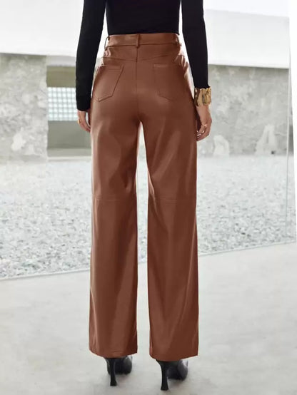 Faux Leather Trousers - Tailored Brown Ladies Wide-Leg Trousers