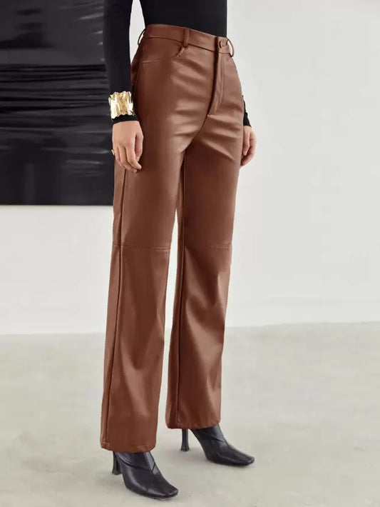 Faux Leather Trousers - Tailored Brown Ladies Wide-Leg Trousers