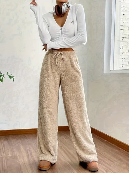 Fleece wide-leg trousers - cozy ladies loungewear bottoms