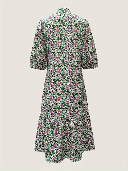 Floral Belted Dress - Elegant Green Midi Dress For Women