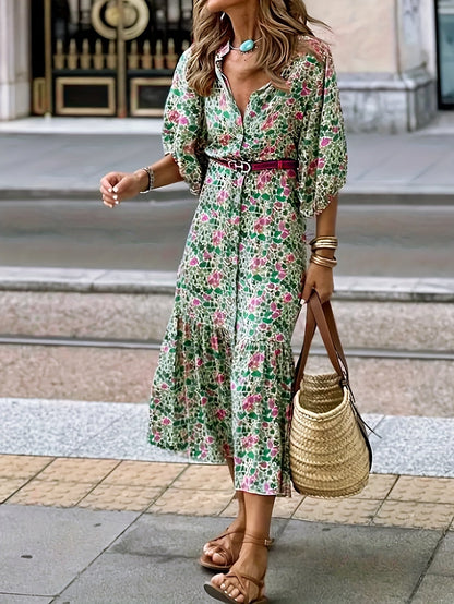 Floral Belted Dress - Elegant Green Midi Dress For Women