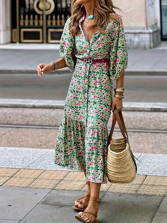 Floral Belted Dress - Elegant Green Midi Dress For Women