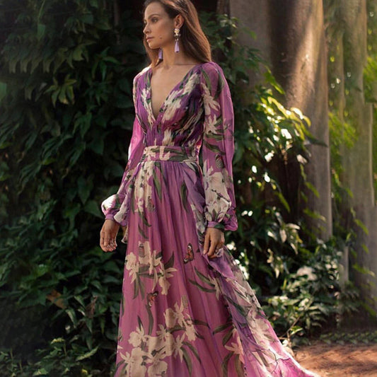 Floral Maxi Dress - Lilac Ladies Long Sleeve Gown