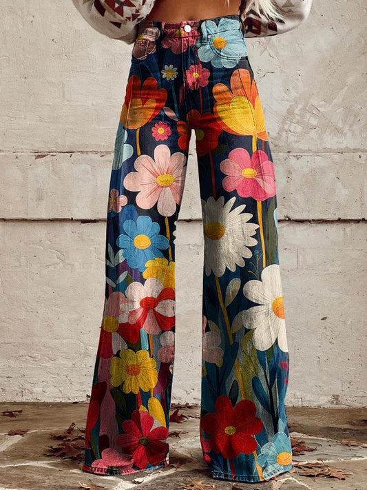 Floral Wide-Leg Trousers - Vibrant Black Ladies Jeans