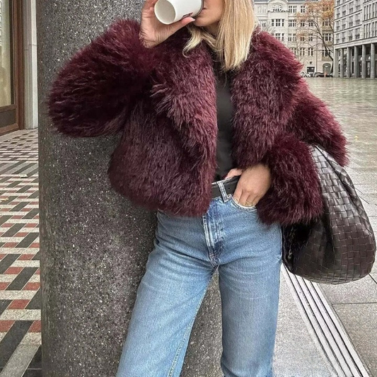 Fur jacket - elegant rot ladies coat with v-neck