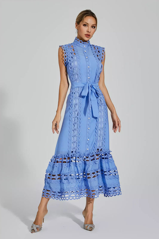 Graceful Midi Dress - Light Blue Women'S Dress With Delicate Lace Accents