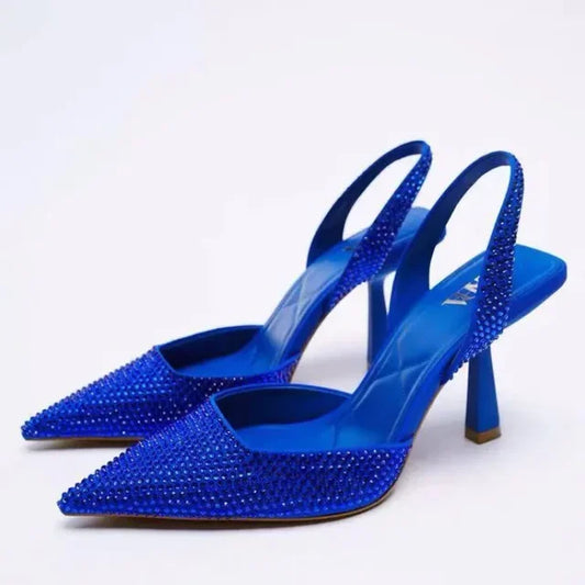 High Heel Slingback Sandals - Elegant Ladies Footwear With Rhinestone Detail