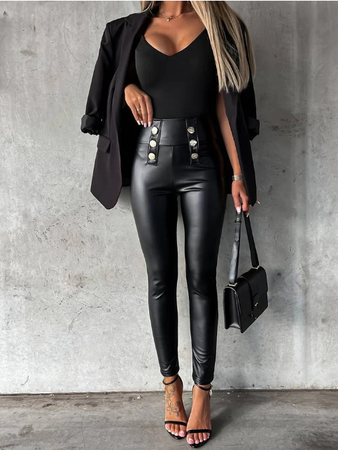 High-Waisted Faux Leather Trousers - Chic Black Women'S Fitted Pants