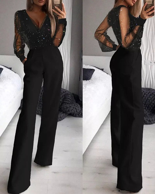 Jumpsuit - Elegant Black Ladies Long-Sleeve Ensemble